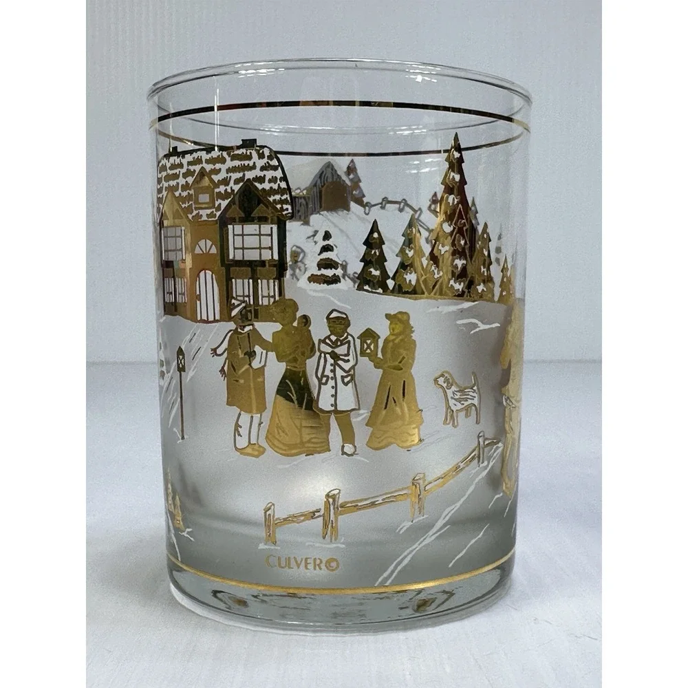VINTAGE CHRISTMAS CULVER OLD FASHIONED GLASSES WINTER SCENES SLEIGH CAROLING